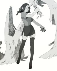 Rule 34 | 1girl, breasts, charline lemoal, commentary, crosshatching, detached wings, english commentary, feathered wings, greyscale, hatching (texture), highres, horns, long eyebrows, medium breasts, medium hair, miniskirt, monochrome, original, shirt, side slit, single horn, skirt, solo, t-shirt, thighhighs, wing hold, wings