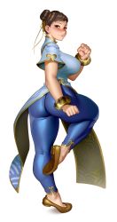Rule 34 | 1girl, absurdres, ass, blue pants, blush, bracelet, breasts, brown eyes, brown hair, capcom, china dress, chinese clothes, chun-li, clenched hands, closed mouth, commentary, double bun, dress, fighting stance, full body, gold trim, hair bun, highres, jewelry, kairunoburogu, large breasts, leg up, lips, looking at viewer, pants, shiny clothes, shoes, short sleeves, simple background, skin tight, smile, solo, street fighter, street fighter 6, white background