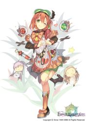 Rule 34 | 1girl, :&gt;, ;q, aloe (flower knight girl), apron, beret, bow, brooch, brown hair, doll, dreamlight2000, dress, flower knight girl, full body, green eyes, green hat, hat, heart, heart brooch, heart hands, jewelry, looking at viewer, official art, one eye closed, orange bow, orange socks, shoes, short hair, smile, socks, solo, standing, standing on one leg, tongue, tongue out, white dress