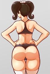 Rule 34 | 1girl, bare shoulders, black hair, black panties, chief (91m10), from behind, grey background, hands on own hips, highres, kawakami sadayo, maid, maid headdress, panties, persona, persona 5, short hair, skindentation, solo, thigh gap, thighhighs, twintails, underwear, white thighhighs