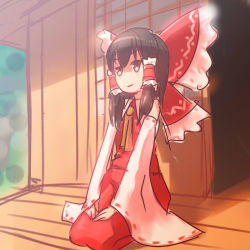 Rule 34 | 1girl, ascot, bow, brown eyes, brown hair, coffee (ecafree2), detached sleeves, hair bow, hair ornament, hakurei reimu, happy, kneeling, large bow, outdoors, red bow, sitting, skirt, smile, solo, touhou, vest
