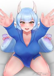 Rule 34 | 1girl, absurdres, alternate costume, animal ears, arms up, artist name, bare legs, blue hair, blue hoodie, blush, bow, breasts, catura (granblue fantasy), cleavage, cow ears, cow girl, cow horns, draph, gradient hair, granblue fantasy, hair bow, highres, hood, hoodie, horns, incoming hug, large breasts, long hair, low-tied long hair, multicolored hair, open mouth, purple hair, sitting, smile, solo, very long hair, wangxiang qingnian, yellow eyes