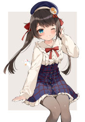 Rule 34 | 1girl, beret, blue dress, blue eyes, blue hat, blush, border, bow, bowtie, breasts, brown hair, commentary, dress, feet out of frame, frilled dress, frilled shirt, frills, grey background, grey pantyhose, hair ribbon, hana mori, hand on own ear, hand up, hat, highres, hololive, invisible chair, leaning forward, long hair, long sleeves, looking at viewer, medium breasts, multicolored clothes, multicolored dress, official alternate costume, one eye closed, oozora subaru, oozora subaru (casual), pantyhose, plaid, plaid dress, red bow, red bowtie, red ribbon, ribbon, shadow, shirt, short dress, sidelocks, sitting, smile, solo, subaru duck, swept bangs, symbol-only commentary, teeth, twintails, virtual youtuber, white border, white dress