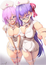 Rule 34 | 2girls, absurdres, alternate costume, armpits, bb (bb shot!) (fate), bb (fate), bb (fate/extra), black-framed eyewear, blue hair, blush, breasts, cleavage, collar, commentary request, covering privates, covering crotch, dated, dress, embarrassed, fate/grand order, fate (series), glasses, gradient background, hair over one eye, hair ribbon, hand on another&#039;s shoulder, hat, highres, kurihara kazuake, large breasts, looking at viewer, mash kyrielight, multiple girls, nail polish, nose blush, nurse, nurse cap, open mouth, outstretched arm, pink hair, pink ribbon, purple eyes, ribbon, short dress, short hair, short sleeves, skindentation, thigh strap, thighhighs, white background, white dress, white legwear, white nails