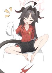 Rule 34 | 1girl, absurdres, barefoot, black hair, blue archive, blush, closed eyes, feet, highres, horns, kasumi (blue archive), long hair, muno mochi, open mouth, soles, tail, toes