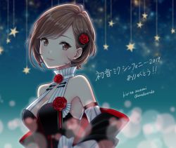Rule 34 | 1girl, bare shoulders, blurry, blurry background, breasts, brown eyes, brown hair, cleavage, closed mouth, depth of field, detached sleeves, flower, hair behind ear, hair flower, hair ornament, kirita asami, lipstick, makeup, medium breasts, meiko (vocaloid), miku symphony (vocaloid), pink lips, red flower, red rose, rose, shawl, short hair, smile, solo, star (symbol), translated, upper body, vocaloid