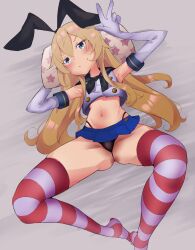 Rule 34 | 1girl, absurdres, animal ears, arm behind head, armpits, bad id, bad pixiv id, bed sheet, black neckerchief, black panties, blonde hair, blue eyes, blue sailor collar, blue skirt, blush, buttons, cameltoe, crop top, elbow gloves, fake animal ears, female focus, flat chest, gloves, grey background, hair between eyes, highleg, highleg panties, highres, kantai collection, knees up, long hair, lying, miniskirt, navel, neckerchief, on back, on bed, panties, pillow, pleated skirt, presenting, purple thighhighs, rabbit ears, red thighhighs, sailor collar, shimakaze (kancolle), simple background, skirt, smile, solo, spread legs, stomach, striped clothes, striped thighhighs, thighhighs, underwear, v