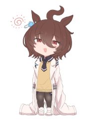 Rule 34 | 1girl, :d, agnes tachyon (umamusume), ahoge, animal ears, black neckwear, black pantyhose, black shirt, brown hair, chibi, collared shirt, full body, hair between eyes, horse ears, horse girl, horse tail, lab coat, long sleeves, looking at viewer, makabe gorou, open clothes, open mouth, pantyhose, red eyes, shirt, shoes, simple background, sleeves past fingers, sleeves past wrists, smile, solo, standing, sun symbol, sweater vest, tail, umamusume, white background, white footwear