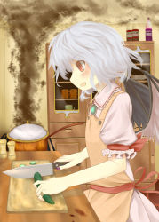 Rule 34 | 1girl, apron, bandaid, bandaid on hand, bat wings, blood, blush, bottle, bunchou (bunchou3103), cabinet, cooking, cucumber, cup, cutting board, dress, failure, female focus, from side, highres, indoors, knife, light purple hair, mug, nail polish, no headwear, no headwear, open mouth, plaster, plate, pot, profile, purple nails, red eyes, remilia scarlet, ribbon, short hair, smile, smoke, solo, touhou, wings