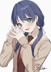 Rule 34 | 1girl, absurdres, blue eyes, blue hair, blush, brown cardigan, brown dress, cardigan, collarbone, commentary, dark blue hair, dress, hair ribbon, hasu no sora school uniform, head tilt, highres, link! like! love live!, long hair, long sleeves, love live!, low twintails, masami atabe, mole, mole on neck, murano sayaka, neckerchief, nervous smile, open cardigan, open clothes, open mouth, red neckerchief, ribbon, sailor collar, sailor dress, school uniform, signature, simple background, smile, solo, steepled fingers, twintails, upper body, virtual youtuber, white background, white ribbon, white sailor collar, winter uniform