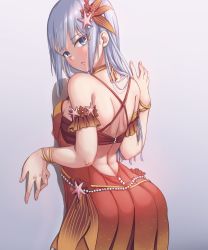 Rule 34 | 1girl, bare back, bare shoulders, blue eyes, blue hair, breast press, dress, from behind, gradient background, hair ornament, highres, idolmaster, idolmaster million live!, idolmaster million live! theater days, light blue hair, loeldrive, long hair, looking back, red dress, shiraishi tsumugi, sleeveless, solo