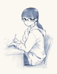 Rule 34 | 1girl, blunt bangs, blush, chair, closed mouth, commentary request, desk, glasses, greyscale, highres, holding, holding pen, hood, hoodie, long hair, long sleeves, looking at viewer, low ponytail, monochrome, original, pen, sitting, solo, tanto (tc1995), writing