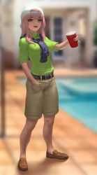Rule 34 | 1girl, alternate costume, backwards hat, baseball cap, belt, black belt, blurry, blurry background, brown footwear, casual, collared shirt, contemporary, cup, disposable cup, fraternity, green shirt, hat, hololive, hololive english, infi, jacket around neck, khakis, loafers, long hair, looking at viewer, mori calliope, no socks, outdoors, pink hair, pointing, pool, poolside, red eyes, shirt, shoes, shorts, sleeves rolled up, smile, solo, tile floor, tiles, virtual youtuber, white hat