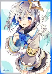 Rule 34 | 1girl, amane kanata, amane kanata (1st costume), angel, angel wings, armband, black skirt, blue bow, blue bowtie, blue eyes, blue hair, blush, bob cut, bow, bowtie, colored inner hair, commentary, cowboy shot, feathered wings, halo, hololive, long sleeves, looking at viewer, miniskirt, multicolored hair, open mouth, oshioshio, pink hair, purple eyes, school uniform, short hair, signature, silver hair, single hair intake, skirt, smile, solo, standing, star (symbol), star halo, streaked hair, thighs, virtual youtuber, wings