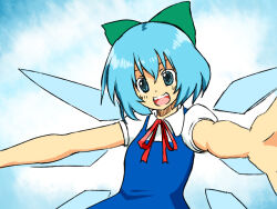 Rule 34 | 1girl, blue bow, blue dress, blue eyes, blue hair, blush, bow, cirno, dress, hair bow, hashitanai, hat, ice, ice wings, multiple girls, open mouth, ribbon, shirt, short hair, short sleeves, smile, solo, touhou, wings