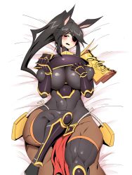 Rule 34 | 1girl, animal ears, armor, bed sheet, black bodysuit, black eyes, black hair, black thighhighs, blush, bodysuit, breasts, centaur, commentary request, covered navel, cowboy shot, eyepatch, hands on own breasts, highres, horse ears, impossible bodysuit, impossible clothes, japanese armor, korean commentary, kote, kurokote, large breasts, long hair, looking at viewer, lying, mannungei, monster girl, multiple legs, on back, open mouth, original, pelvic curtain, pointy ears, ponytail, rope, shadow, shin guards, shoulder armor, shoulder spikes, sidelocks, skindentation, sode, solo, spikes, sweat, taur, thighhighs
