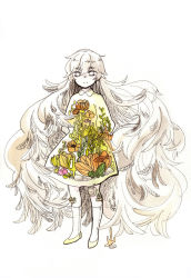 Rule 34 | 1girl, ane (etherane), animal print, bandages, blouse, cactus, charlotte wiltshire, dress, feathers, fish print, hello charlotte, long hair, looking at viewer, open mouth, plant, plant print, shirt, solo, very long hair, white background, white dress, white eyes, white hair, white shirt