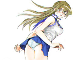Rule 34 | 1girl, 203wolves, ass, bad id, bad twitter id, bare arms, bare shoulders, blonde hair, blue skirt, blush, boots, breasts, commentary request, duel academy uniform (yu-gi-oh! gx), fingernails, from behind, highres, long hair, looking at viewer, looking back, medium breasts, miniskirt, open mouth, panties, simple background, skirt, sleeveless, solo, sweat, sweatdrop, tenjouin asuka, thighs, underwear, upskirt, white background, yellow eyes, yu-gi-oh!, yu-gi-oh! gx