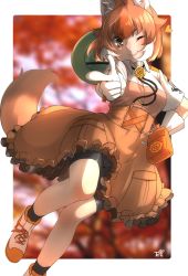 Rule 34 | 1girl, animal ears, bike shorts, black shorts, blush, boots, brown shirt, brown skirt, collared shirt, commentary request, dhole (kemono friends), dog ears, dog girl, dog tail, extra ears, finger gun, frilled skirt, frills, gloves, hat on back, helmet, high-waist skirt, highres, kemono friends, kemono friends 3, light brown hair, multicolored hair, neckwear request, official alternate costume, one eye closed, pith helmet, shirt, short hair, short sleeves, shorts, shorts under skirt, skirt, solo, tail, thin (suzuneya), two-tone hair, two-tone shirt, uniform, white gloves, white hair, white shirt