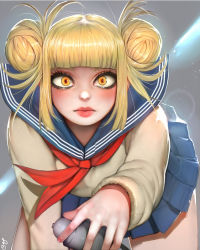 Rule 34 | 1girl, absurdres, blonde hair, blunt bangs, boku no hero academia, double bun, eyebrows hidden by hair, eyeliner, foreshortening, from above, grey background, hair bun, highres, holding, lips, long sleeves, looking at viewer, makeup, messy hair, nose, pleated skirt, randy (awesomevillage), school uniform, serafuku, simple background, skirt, solo, toga himiko, yellow eyes