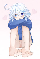 Rule 34 | 1girl, absurdres, barefoot, blue eyes, blue hair, blue sweater, blush, bottomless, censored, contemporary, cowlick, crossed arms, drop-shaped pupils, feet, foot focus, foreshortening, furina (genshin impact), genshin impact, hair between eyes, heart, heterochromia, highres, knees up, light blue hair, long sleeves, looking to the side, mismatched pupils, multicolored hair, open mouth, pink background, pussy, sitting, solo, sweater, symbol-shaped pupils, toenails, toes, white hair, wl217 (nicexa111)