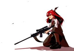 Rule 34 | 1girl, :d, bat wings, brown pantyhose, collared shirt, dress shirt, finger on trigger, full body, gun, gun sling, hair over one eye, head wings, holding, holding gun, holding weapon, koakuma, loafers, long hair, looking at viewer, looking to the side, nagamona, necktie, on one knee, open mouth, pantyhose, red eyes, red hair, red necktie, rifle, shaded face, shadow, shirt, shoes, sideways mouth, simple background, skirt, skirt set, smile, solo, squatting, touhou, vest, weapon, white background, white shirt, wings