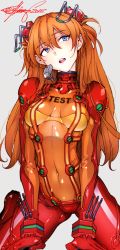 Rule 34 | 00s, 10s, 1girl, 2015, :o, arm support, blue eyes, bodysuit, bra, bracer, breasts, brown hair, clothes writing, covered navel, dated, english text, evangelion: 2.0 you can (not) advance, fishine, gloves, grey background, groin, hair between eyes, hair ornament, hairpods, head tilt, headgear, interface headset, legs apart, long hair, looking up, multicolored clothes, neon genesis evangelion, open mouth, orange hair, parted bangs, pilot suit, plugsuit, rebuild of evangelion, red bodysuit, see-through, see-through bodysuit, shiny clothes, signature, simple background, skin tight, skinny, small breasts, solo, souryuu asuka langley, test plugsuit, turtleneck, underwear, very long hair, wide hips