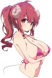 Rule 34 | 1girl, bikini, bikini top only, breasts, covered erect nipples, curled horns, demon girl, demon horns, demon tail, highres, horns, large breasts, long hair, looking at viewer, machikado mazoku, mel (melty pot), pink bikini, ponytail, red eyes, red hair, simple background, solo, swimsuit, tail, underwear, white background, yoshida yuuko (machikado mazoku)