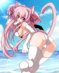 Rule 34 | 1girl, animal ears, animal hands, ass, bad id, bad pixiv id, beach, bikini, blush, bow, breasts, cat ears, cat girl, cat paws, cat tail, cloud, day, elbow gloves, fat mons, female focus, food, gloves, hair bow, hair ribbon, ice cream, large breasts, light rays, long hair, looking at viewer, looking back, mouth hold, ocean, original, panties, paw gloves, pink hair, popsicle, red eyes, ribbon, skindentation, sky, smile, solo, sunbeam, sunlight, swimsuit, tail, takatsuki ichi, thigh gap, thighhighs, twintails, underwear, very long hair, water, white bikini, white gloves, white panties, white thighhighs