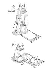 Rule 34 | 1girl, 1other, arrow (symbol), carpet, cat, dress, english text, gown, guide, highres, hijab, kneeling, mat, monochrome, muslim, original, praying, sketch, tail, tail wagging, winchestermegg
