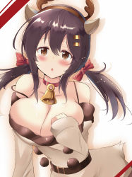 Rule 34 | 1girl, alternate costume, antlers, azur lane, beige dress, bell, belt, blush, bow, breasts, breasts out, brown eyes, chestnut mouth, choker, christmas, cleavage, clutching chest, collarbone, commentary request, dress, hair between eyes, hair bow, hair ornament, hairclip, headband, highres, horns, large breasts, long hair, looking at viewer, nagara (azur lane), neck bell, off-shoulder dress, off shoulder, pom pom (clothes), red bow, reindeer antlers, shadow, solo, spaghetti strap, tonchinkan, twintails, white background