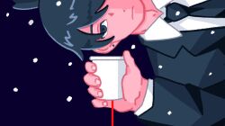 Rule 34 | 1boy, black hair, black jacket, black necktie, blue background, chainsaw man, collared shirt, cup, earrings, hayakawa aki, holding, holding cup, jacket, jewelry, looking at viewer, necktie, nya tt0, shirt, short hair, simple background, solo, stud earrings, topknot, white shirt