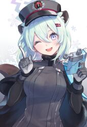 Rule 34 | 1girl, animal ears, aqua hair, blue archive, breasts, cape, commentary request, crossed bangs, fur-trimmed cape, fur-trimmed gloves, fur trim, gloves, grey cape, grey gloves, grey jacket, hair between eyes, hair ornament, hairclip, halo, head tilt, highres, jacket, kuze kaname, long sleeves, looking at viewer, medium breasts, medium hair, one eye closed, open mouth, purple eyes, shigure (blue archive), smile, snowflakes, solo, tail, upper body, weasel ears, weasel girl, weasel tail