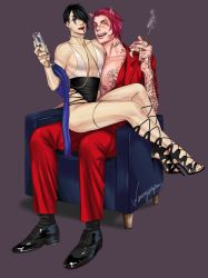 Rule 34 | 10s, 2boys, animal ears, aphelios, black hair, cat ears, facial mark, gangsta, high heels, highres, looking at viewer, male focus, male hand, multiple boys, pale skin, red hair, sett (league of legends), short hair, simple background, sitting, sitting on person, size difference, smoking, vastaya, yaoi, yellow eyes
