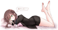 Rule 34 | 1girl, @ @, breasts, brown hair, closed mouth, feet, feet up, from side, green eyes, highres, long hair, long sleeves, lying, medium breasts, nail polish, office lady, on stomach, oouso, original, pantyhose, pencil skirt, pillow, pink nails, simple background, skirt, solo, swept bangs, tears, thighband pantyhose, thought bubble, toes, translation request, white background