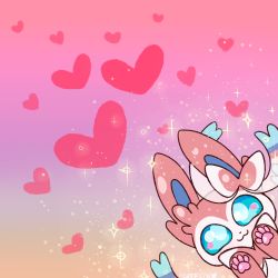 Rule 34 | :3, blue eyes, commentary, creature, creatures (company), english commentary, face, flufflixx, game freak, gen 6 pokemon, heart, heart background, looking at viewer, nintendo, no humans, pink background, pokemon, pokemon (creature), solo, sparkle, sylveon