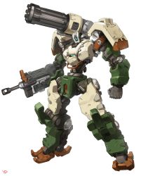 Rule 34 | arm cannon, armor, artist name, autocannon, bastion (overwatch), cannon, clenched hand, full body, gatling gun, gun, highres, knee pads, looking at viewer, machine gun, mecha, minigun, multiple-barrel firearm, no humans, overwatch, overwatch 1, pauldrons, rifle, robot, rotary cannon, shoulder armor, solo, standing, weapon, white background, yd (orange maru)