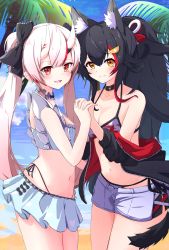 Rule 34 | 2girls, absurdres, animal ear fluff, animal ears, armpits, bare shoulders, belt collar, bikini, bikini under clothes, black choker, black hair, black jacket, black ribbon, blue sky, blush, breasts, choker, cleavage, closed mouth, collar, crossed bangs, day, drawstring, front-tie top, fumi (fumibeing), groin, hair ornament, halterneck, highres, hololive, horns, jacket, leaf print, long hair, long sleeves, looking at viewer, multicolored hair, multiple girls, nakiri ayame, nakiri ayame (hololive summer 2019), navel, off shoulder, ookami mio, ookami mio (hololive summer 2019), open mouth, orange eyes, outdoors, palm tree, panties, ponytail, red hair, ribbon, short shorts, shorts, side-tie bikini bottom, side-tie panties, skin-covered horns, skirt, sky, small breasts, solo, standing, stomach, strap gap, streaked hair, string bikini, swimsuit, tail, tail around own leg, tree, underwear, very long hair, virtual youtuber, wading, water, wet, white bikini, white shorts, wolf ears, wolf girl, wolf tail