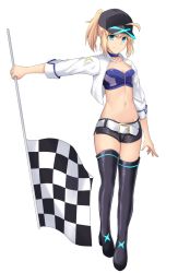 Rule 34 | 1girl, ahoge, alternate costume, arm at side, artoria pendragon (all), artoria pendragon (fate), bandeau, baseball cap, belt, black footwear, black hat, black shorts, black thighhighs, blonde hair, blue choker, boots, breasts, checkered flag, choker, cleavage, collarbone, commentary request, cowboy shot, cropped jacket, cross (crossryou), fate/grand order, fate (series), flag, full body, groin, hair through headwear, hat, highres, holding, holding flag, jacket, long hair, long sleeves, looking at viewer, medium breasts, midriff, mysterious heroine x (fate), navel, open clothes, open jacket, ponytail, race queen, saber (fate), saber (type-moon racing) (fate), short shorts, shorts, simple background, small breasts, smile, solo, standing, stomach, thigh boots, thighhighs, white background, white belt, white jacket