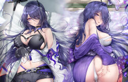 Rule 34 | 1girl, acheron (honkai: star rail), ass, au11, black shorts, breasts, chest sarashi, cleavage, commentary request, dakimakura (medium), from behind, hair over one eye, hand on own ass, highres, honkai: star rail, honkai (series), japanese clothes, kimono, large breasts, long hair, looking at viewer, midriff, multiple views, navel, parted lips, purple eyes, purple hair, purple kimono, sarashi, short shorts, shorts, solo