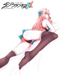 Rule 34 | 10s, 1girl, ass, bed sheet, black bra, black panties, black thighhighs, bow, bra, breasts, copyright name, darling in the franxx, green eyes, hair bow, highres, horns, lace, lace-trimmed bra, lace-trimmed legwear, lace-trimmed panties, lace trim, long hair, looking at viewer, looking back, lying, medium breasts, on stomach, panties, pink hair, sbel02, simple background, solo, thighhighs, tongue, tongue out, underwear, underwear only, white background, zero two (darling in the franxx)