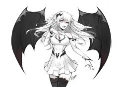 Rule 34 | 1girl, bad id, bad pixiv id, bare shoulders, bat wings, breast cutout, breasts, character cutout, clothing cutout, commentary, dress, english commentary, erospanda, fangs, greyscale, hair between eyes, hair ornament, hand on own chest, highres, large breasts, long hair, long sleeves, messy hair, monochrome, open mouth, original, pointy ears, shoulder cutout, signature, sketch, solo, thighhighs, torn clothes, vampire, white eyes, white hair, wings