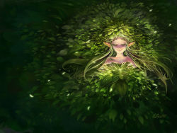 Rule 34 | 1girl, closed mouth, commentary, dated, ekaterina orange, english commentary, closed eyes, green hair, highres, lif (ragnarok online), long hair, monster girl, plant, plant girl, plant hair, pointy ears, ragnarok online, signature, smile, solo, upper body