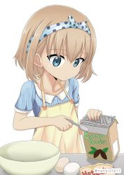 Rule 34 | 10s, 1girl, apron, blonde hair, blue eyes, blue hairband, blue shirt, box, casual, cooking, egg, english text, girls und panzer, hairband, holding, holding spoon, katyusha (girls und panzer), mixing bowl, one-hour drawing challenge, polka dot hairband, shibagami, shirt, short hair, short sleeves, simple background, solo, spoon, standing, twitter username, white background, yellow apron