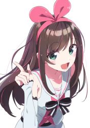Rule 34 | 1girl, :d, aqua eyes, arm warmers, bare shoulders, blush, breasts, brown hair, collarbone, commentary, hairband, highres, index finger raised, kizuna ai, kizuna ai inc., long hair, looking at viewer, medium breasts, multicolored hair, open mouth, pink hair, sailor collar, shorts, simple background, sleeveless, smile, solo, streaked hair, swept bangs, tama (tama-s), two-tone hair, upper body, virtual youtuber, white background