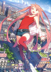 Rule 34 | 1girl, asube shirube, boots, city, girls&#039; work, jewelry, long hair, necklace, official art, orange hair, pink hair, red eyes, shorts, solo, takenashi eri, tank top, thighhighs, type-moon