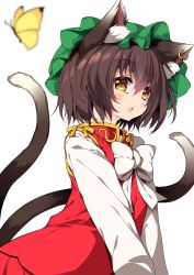 Rule 34 | 1girl, :o, animal ear fluff, animal ears, blurry, blush, bow, bowtie, brown eyes, brown hair, bug, butterfly, cat ears, cat tail, chen, commentary request, depth of field, dress, earrings, gold trim, hat, highres, insect, jewelry, mob cap, multiple tails, nekomata, red dress, sakurame, simple background, single earring, slit, solo, tail, touhou, two tails, upper body, white background, white bow, white bowtie