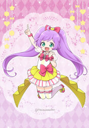 Rule 34 | 1girl, :d, ahoge, argyle, argyle background, argyle clothes, arm up, bow, detached sleeves, dress, full body, green eyes, hair bow, idol clothes, index finger raised, jumping, long hair, looking at viewer, manaka laala, open mouth, outstretched arm, pink background, pink bow, pink footwear, pretty series, pripara, puffy detached sleeves, puffy sleeves, purple hair, shoes, sleeveless, sleeveless dress, smile, solo, terayamaden, thighhighs, treble clef, twintails, very long hair, white thighhighs