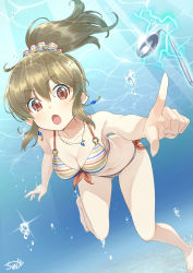 Rule 34 | 1girl, barefoot, bent spoon, bikini, breasts, brown eyes, brown hair, cleavage, commentary request, freediving, front-tie top, hori yuuko, idolmaster, idolmaster cinderella girls, index finger raised, jewelry, long hair, looking at viewer, medium breasts, multicolored bikini, multicolored clothes, necklace, open mouth, perspective, ponytail, scrunchie, side-tie bikini bottom, solo, spoon, spork, striped clothes, striped scrunchie, swimsuit, tyuga, underwater