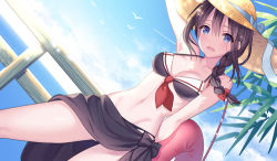 Rule 34 | 10s, 1girl, black hair, blue eyes, braid, breasts, cleavage, groin, hair over shoulder, hat, innertube, kantai collection, lowres, navel, osamu (10051213), railing, sarong, shigure (kancolle), single braid, smile, solo, straw hat, swim ring, water